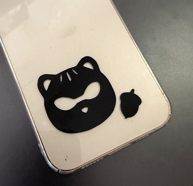 A black cat decal with an acorn on the back of a white iPhone in a clear case