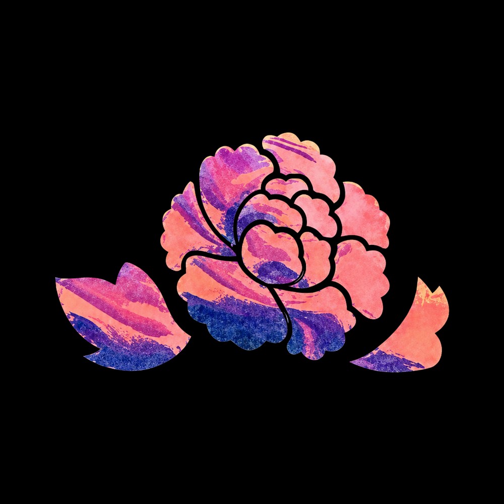 A coral and indigo peony iron-on transfer, cut and weeded, on black
