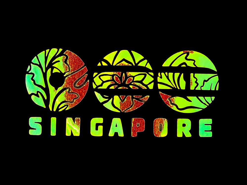The holographic Singapore nature emblem iron-on transfer, cut and weeded, on black